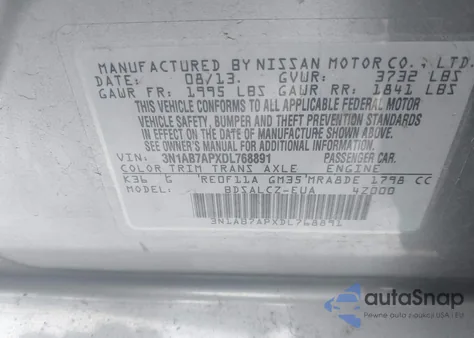 2013 Nissan Sentra S z USA, uszkodzony, nr VIN 3N1AB7APXDL768891